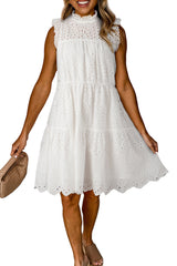 White Hollowed Flutter Sleeveless A Line Tiered Short Dress