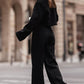 Black Zipped Collared Cropped Top and Wide Leg Pants Set