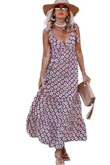 Purple Geometric Print Knotted Straps V Neck Maxi Dress