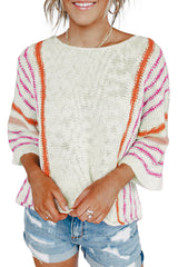 White Striped Bell Sleeve Lightweight Knitted Top