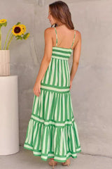 Green Striped Spaghetti Strap Smocked Tiered Dress