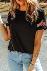 Black Casual Floral Embroidered Round Neck T Shirt - Ninonine