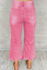 Pink Distressed Ripped Raw Hem High Waist Flare Jeans