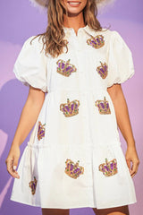 White Sequined Mardi Gras Crown Bubble Sleeve Shirt Dress