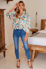 Multicolor Abstract Print 3/4 Puff Sleeve Ruffle Blouse