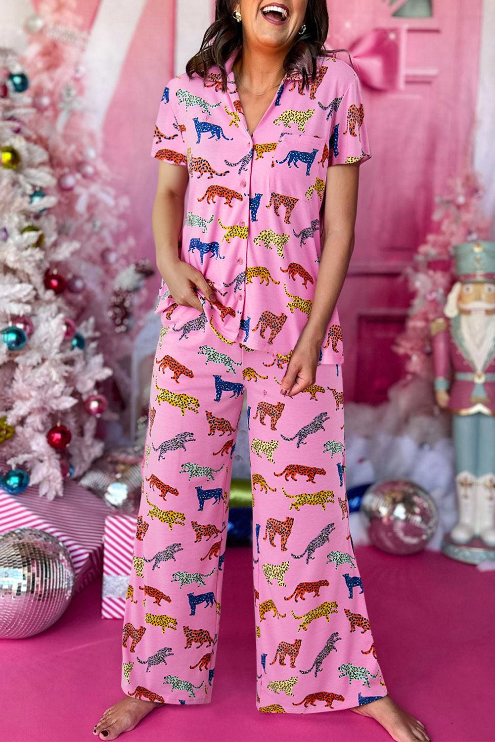 Pink Cheetah Print Short Sleeve Shirt and Wide Leg Pants Pajama Set