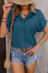 Real Teal Striped Texture Cuffed Short Sleeve Blouse