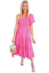 Strawberry Pink One Shouder Puff Sleeve Smocked Bodice Tiered Midi Dress