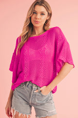 Rose Red Pointelle Knit Scallop Edge Short Sleeve Knit Top