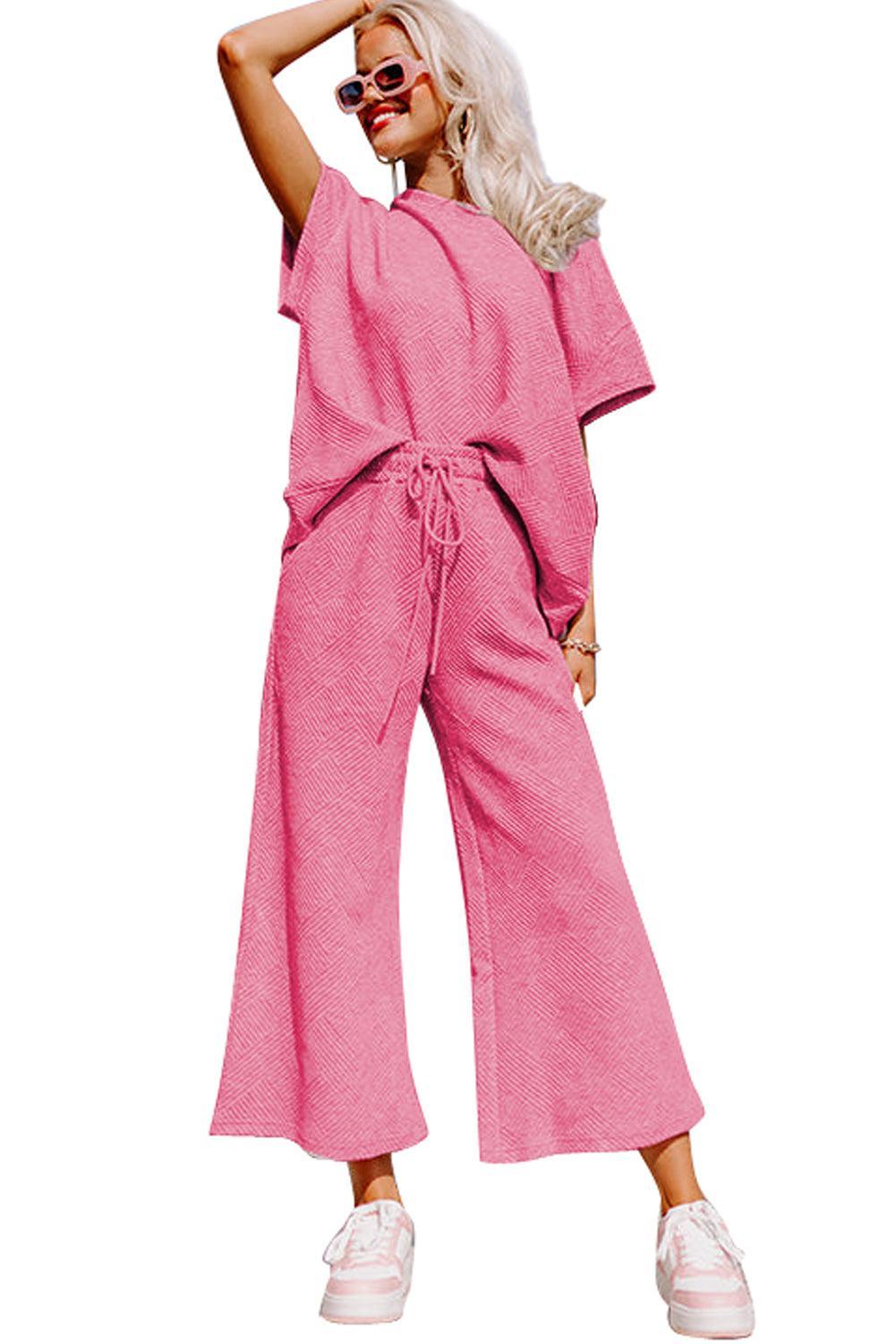 Strawberry Pink Textured Loose Fit T Shirt & Drawstring Pants Set - Ninonine