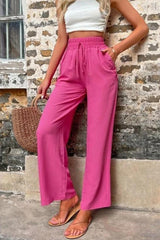 Rose Red Solid Color High Waisted Drawstring Loose Pants