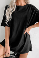 Black Solid Color Basic Round Neck Tunic T Shirt