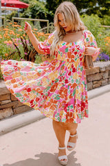 Pink Plus Size Puff Sleeve Smocked Floral Dress