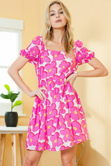 Rose 60s Floral Print Puff Sleeve Babydoll Short Dress