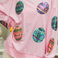Pink Easter Sequin Egg Print Drop Shoulder Graphic Oversized Sweatshirt