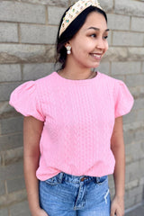 Pink Textured Puff Sleeve Round Neck T-Shirt - Ninonine