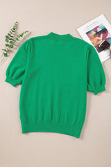 Bright Green Floral Bubble Short Sleeve Knitted Top - Ninonine