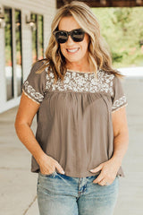 Grey Boho Floral Embroidered Short Sleeve Blouse for Women